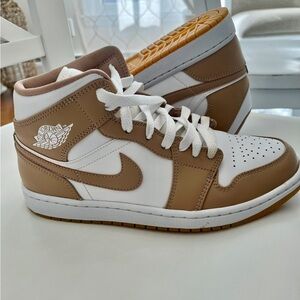 Nike Air Jordan 1 Mid Sneakers in White and Tan